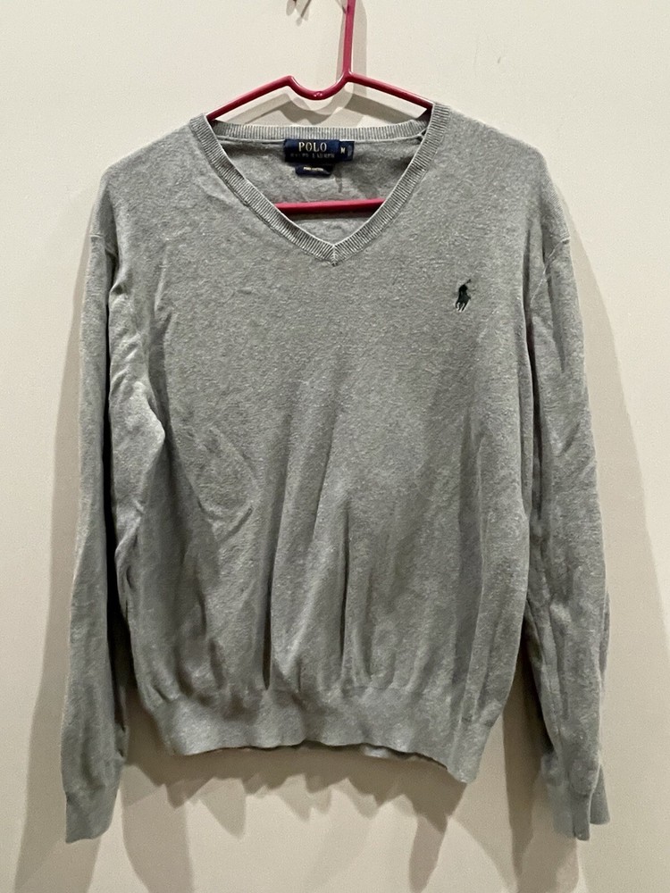 Polo Ralph Lauren Sweater Mens M Gray Pima Cotton V-Neck Pullover