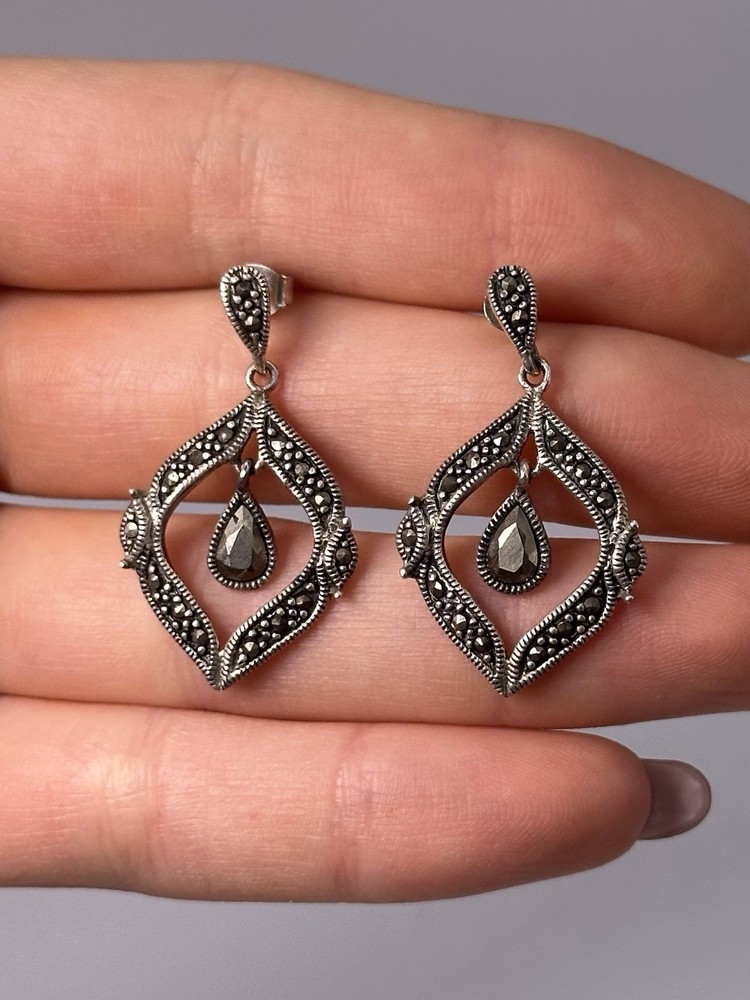 Vintage 925 Sterling Silver Marcasite Teardrop Dangle Earrings