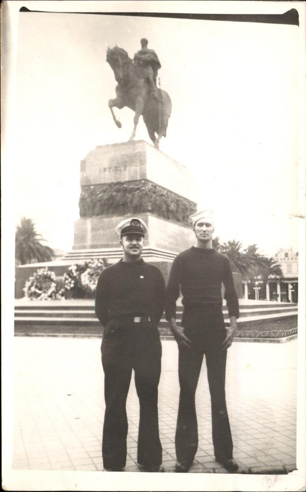 Navy sailors ~Montevideo Uruguay~ Plaza Independencia Artigas Statue ~ RPPC
