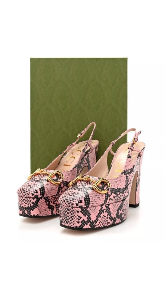 NIB Gucci Python Print Leather w Horse-bit Platform Sling back $1100 39.5 9.5 US
