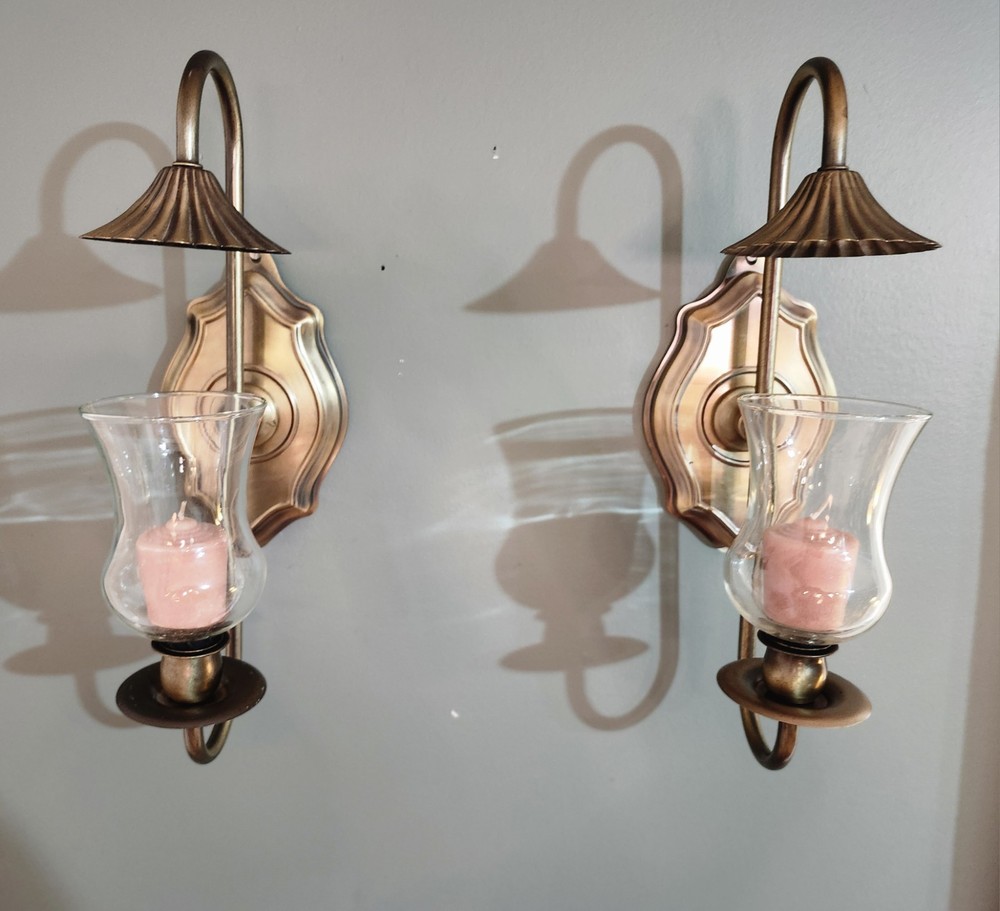Vintage Homco Brass Tone Wall Sconce Candle Holders Hurricane Glass Set of 2