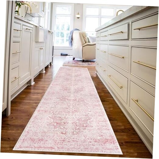 Vintage Washable Pink Floral Runner Rug 2x8 Feet