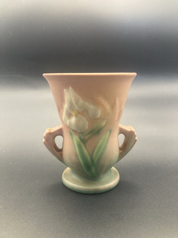 vintage Roseville Pottery Iris pink double-handle vase, likely from 1938 914-4?