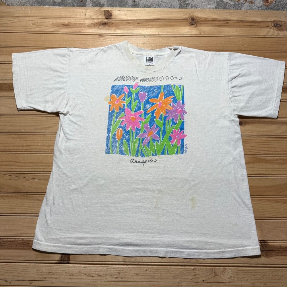 Vintage 1991 Annapolis City Flowers Floral Drawing Graphic Souvenir T-Shirt - XL