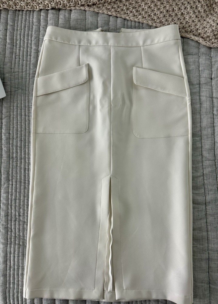 Topshop White Solid Pencil Midi Skirt US 6 Zip Closure Pockets Slit Women