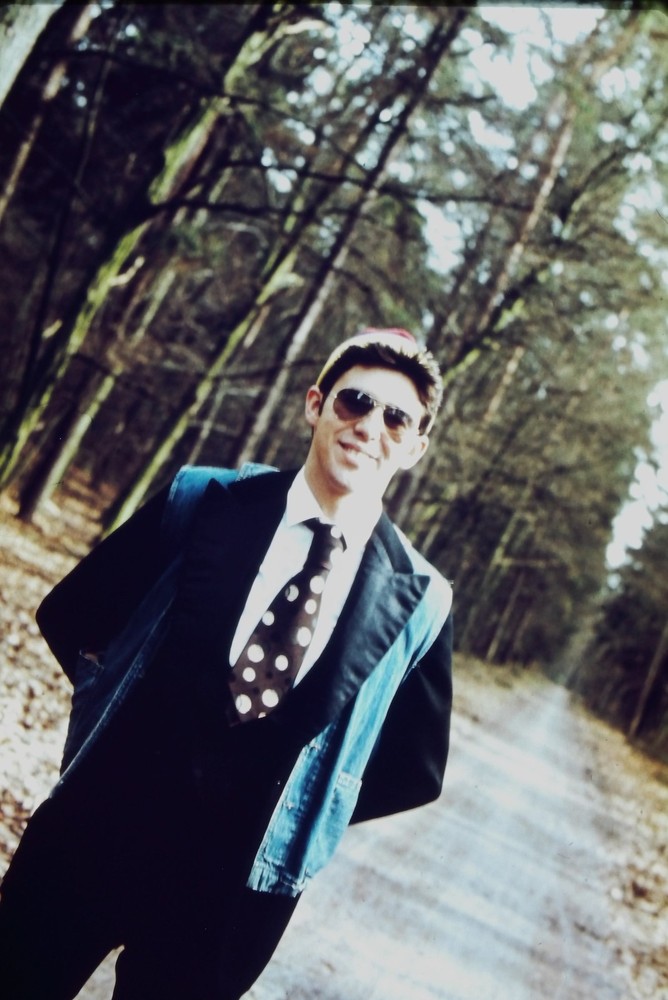 c1970's 35mm Slide Young Man Polka Dot Tie Denim Jacket Forest Path Road Dappled