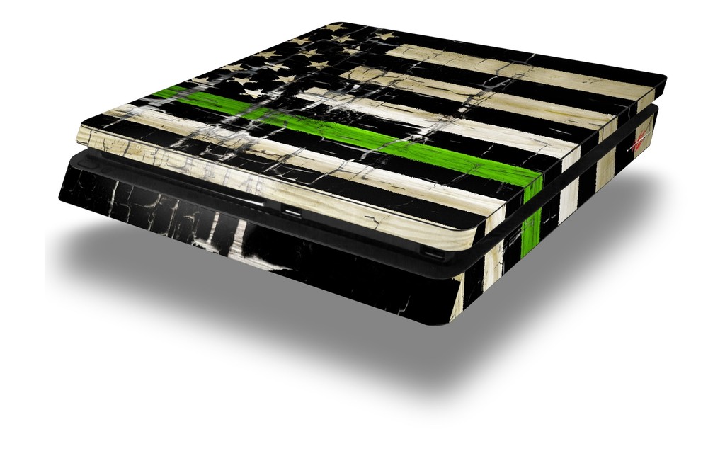 Skin for PS4 Slim Cracked Green Line USA American Flag Playstation 4 Console