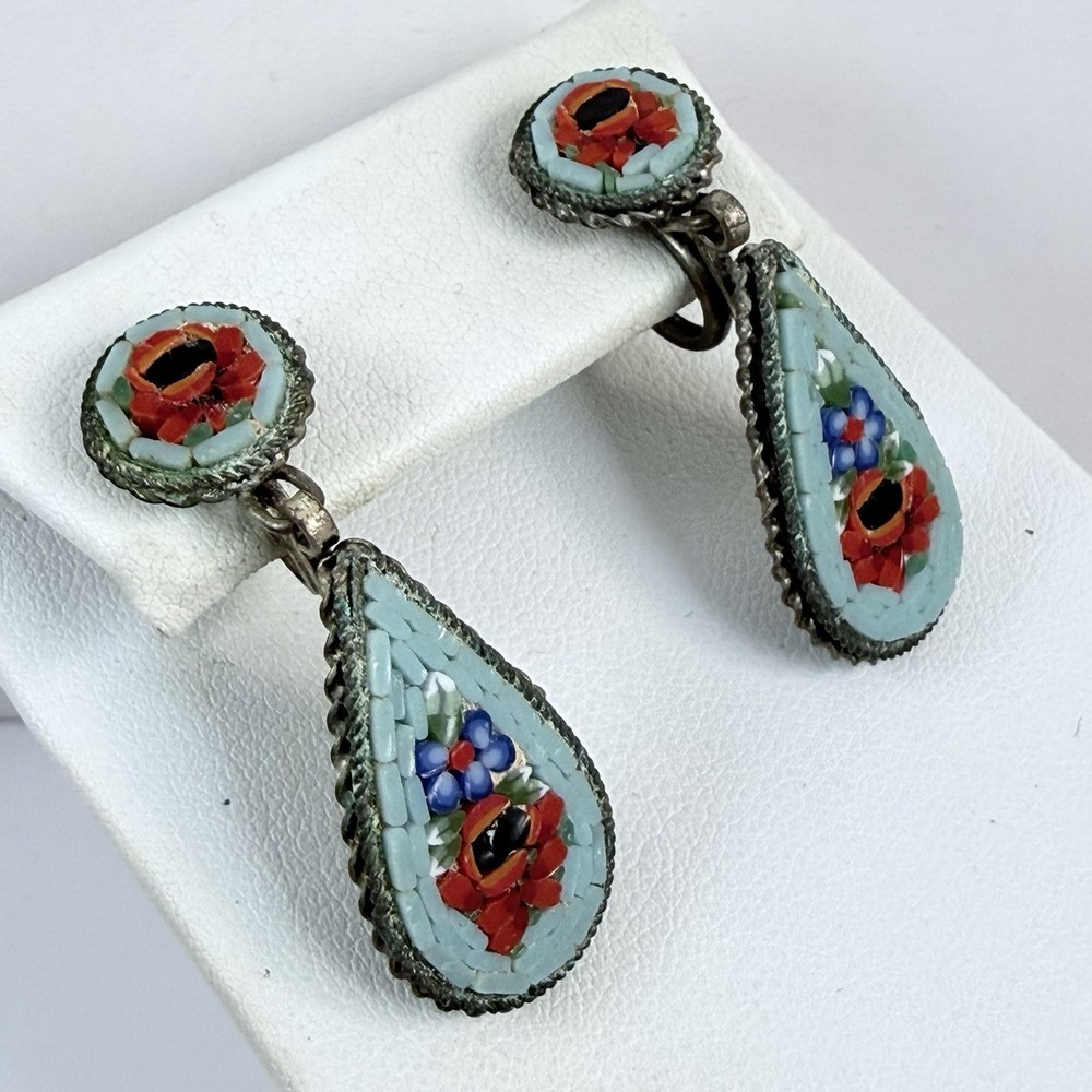 Vintage Glass MOSIAC Colorful Flower Drop Dangle Screw Back Earrings