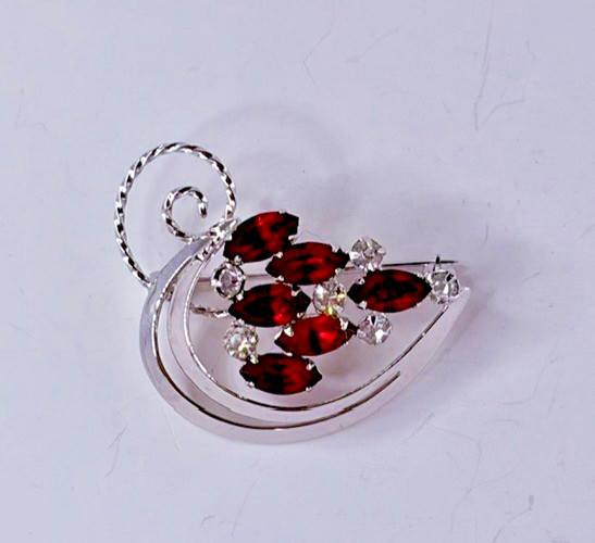 Vintage TK Sterling Sliver and Red Austrian Crystal Brooch - Excellent Sparkle