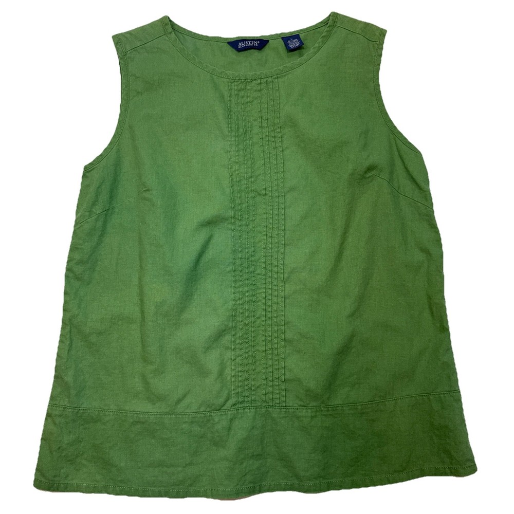 Linen Blend Tank Top Women Green Sleeveless Blouse Relaxed Summer Size L