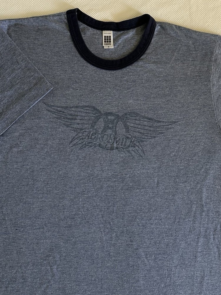 Aerosmith Logo Band T-Shirt Size M Blue Ringer Made in USA Rare Cotton/Poly Soft