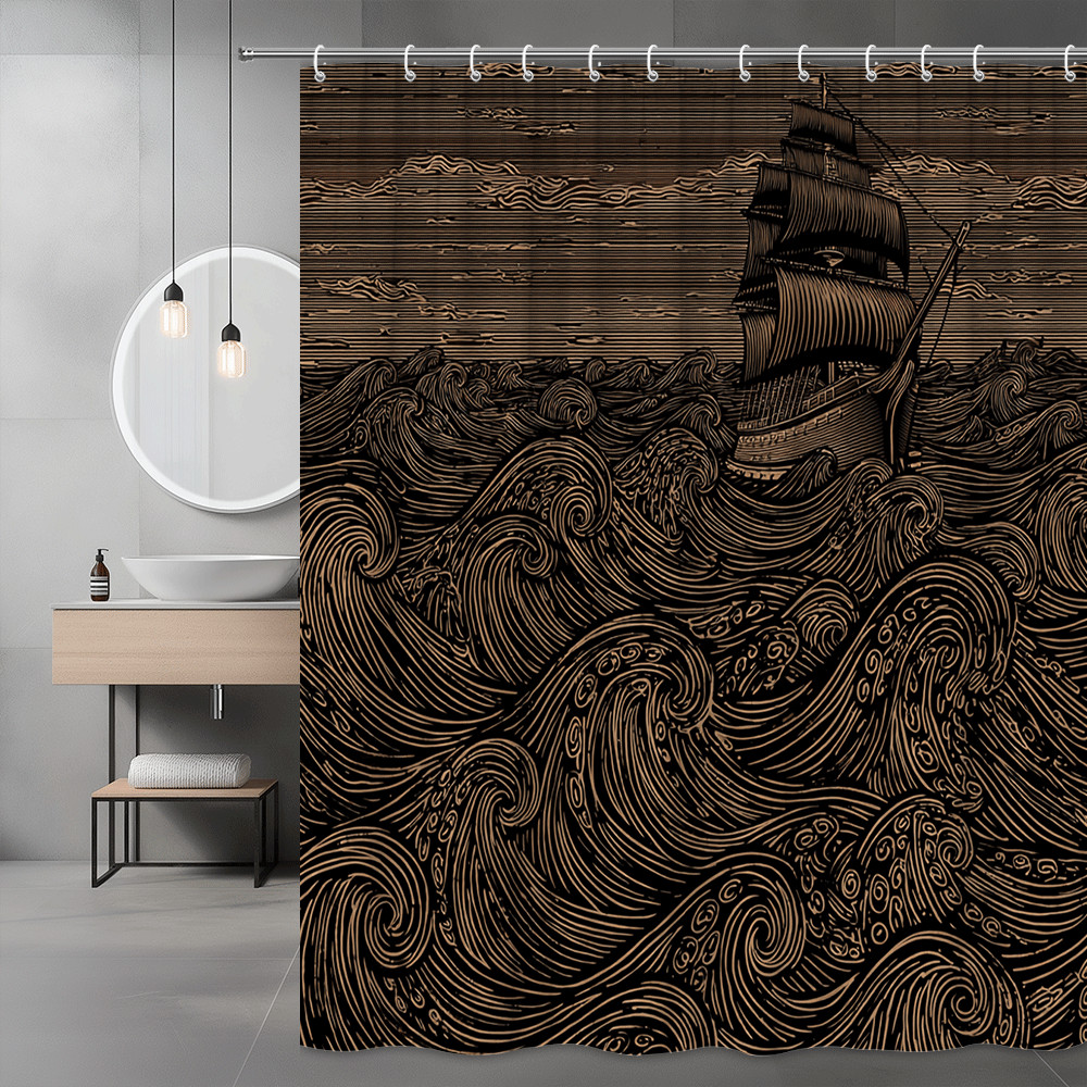 Nautical Ship Ocean Waves Shower Curtain Black Tan