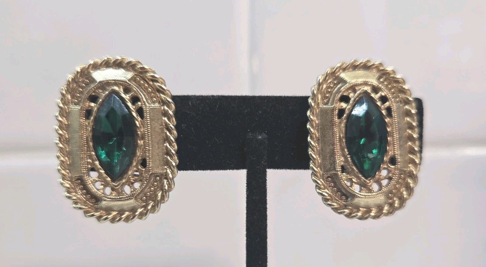 Vintage 1928 Brand Gold Tone Earrings Marquise Emerald Rhinestone Clip Ons