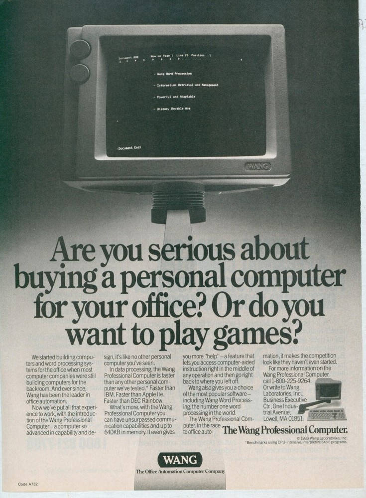 1983 Wang Professional Personal Computer Serious Or Want To Play Games Ad PEC1