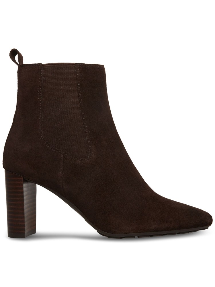AQUA COLLEGE Womens Brown Back Pull-Tab Katlyn Stacked Heel Suede Chelsea 7.5 M