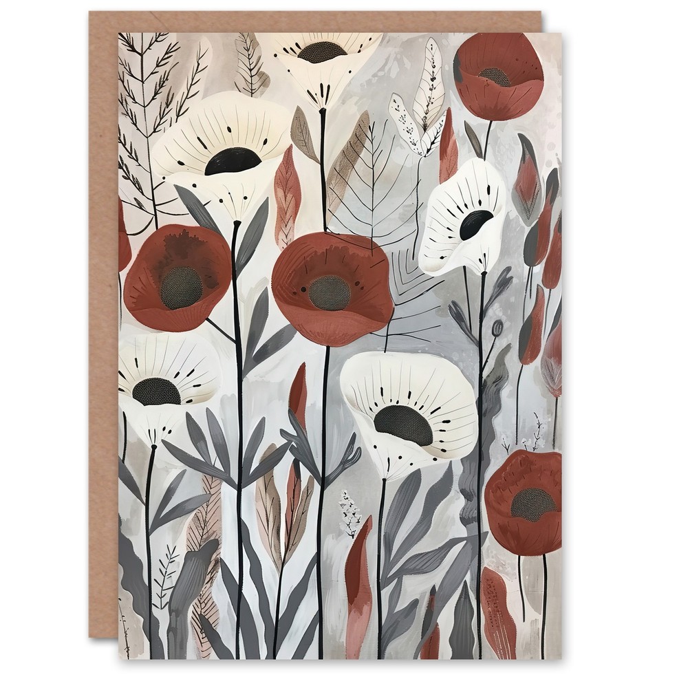 Greeting Card Red White Poppy Flower Field Floral Watercolour Blank Birthday