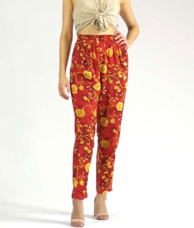 Vintage Red Gold Floral High Waisted Elastic Lightweight Pants