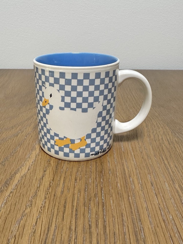 Vintage Blue and White Checkered Gingham Print With Goose Duck Coffee Mug
