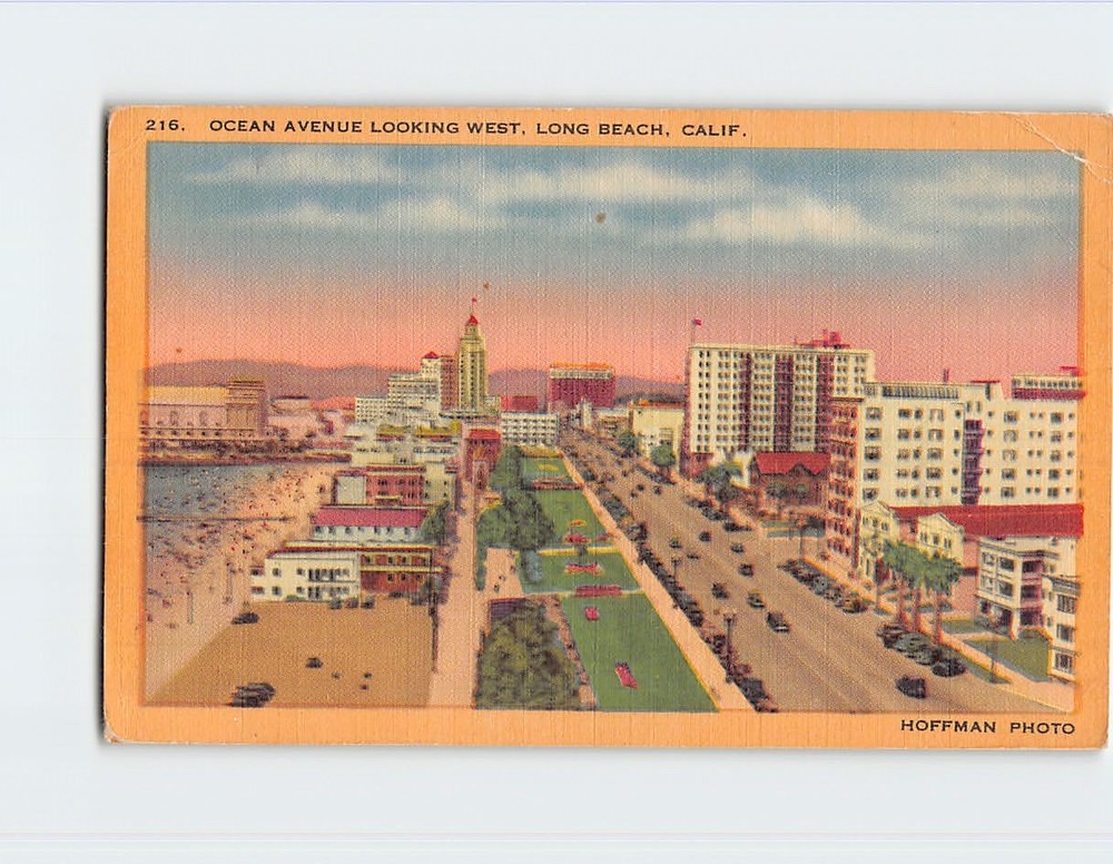 Postcard Ocean Avenue Looking West Long Beach California USA