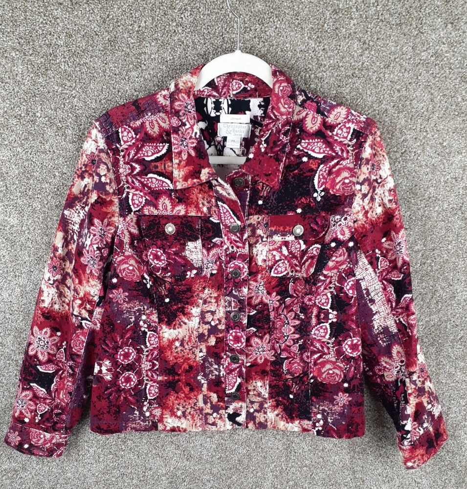 Christopher & Banks Floral Corduroy Jacket Womens L Petite Pink Button Front