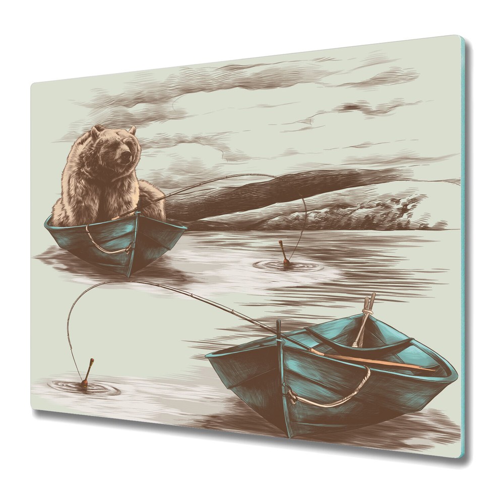 Tempered Glass Worktop Saver Bear in boat with fishing brown and blue 60x52