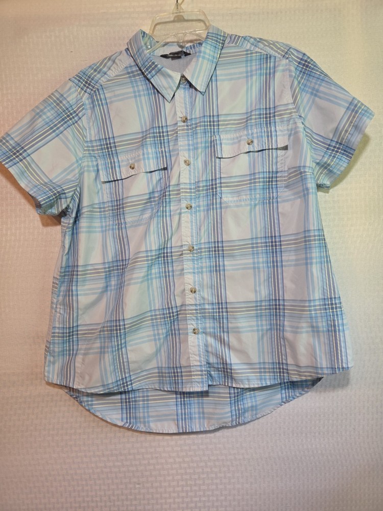 Eddie Bauer Men's XL Blue Check Button Short Sleeve Hiking Outdoor Shirt Pockets