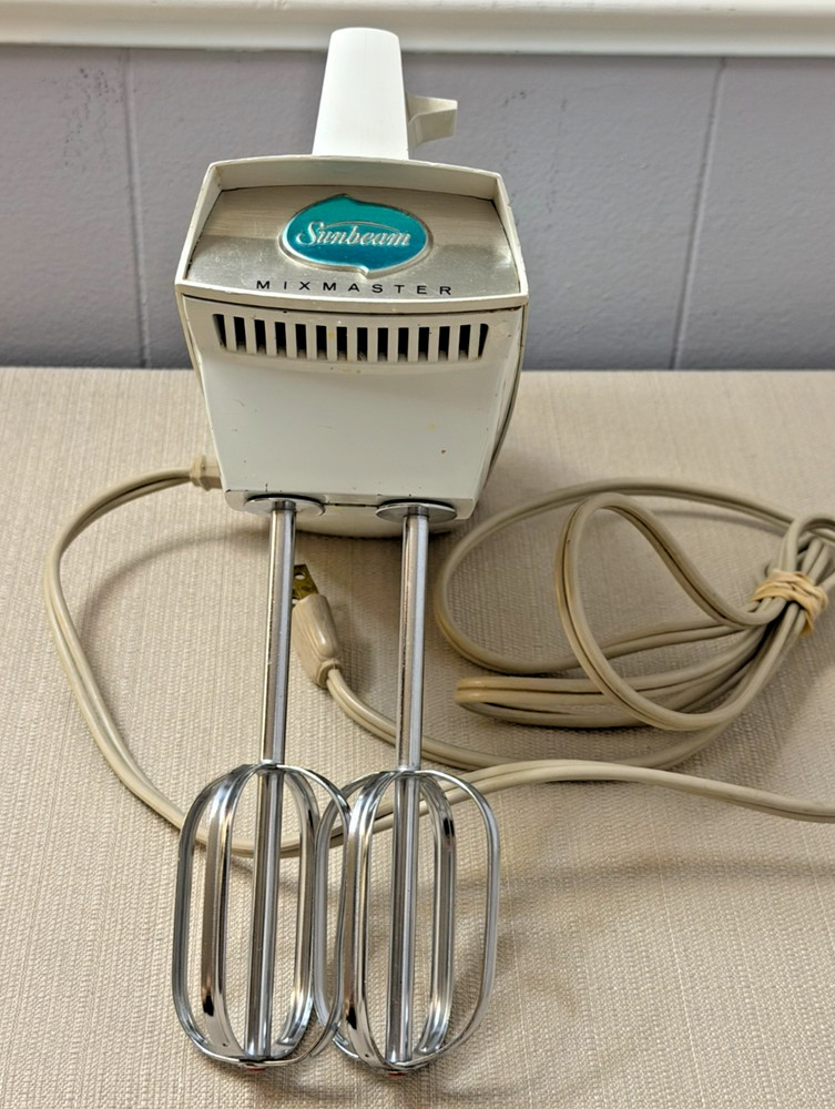 Vintage Sunbeam Mixmaster Hand Mixer White Electric Beaters Works
