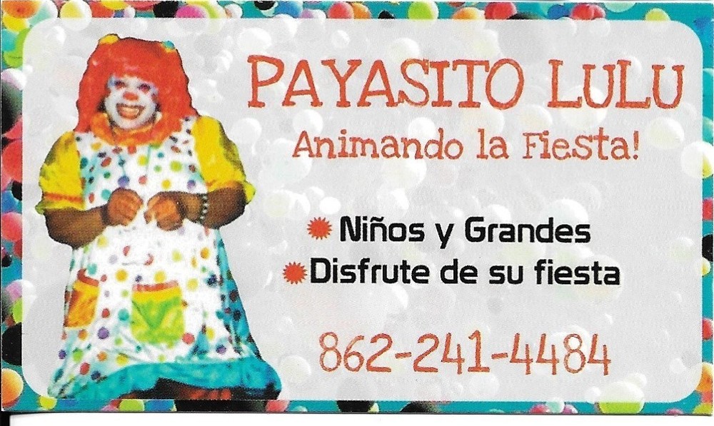 Payasito Lulu clown business card from the New Jersey area; bilingual