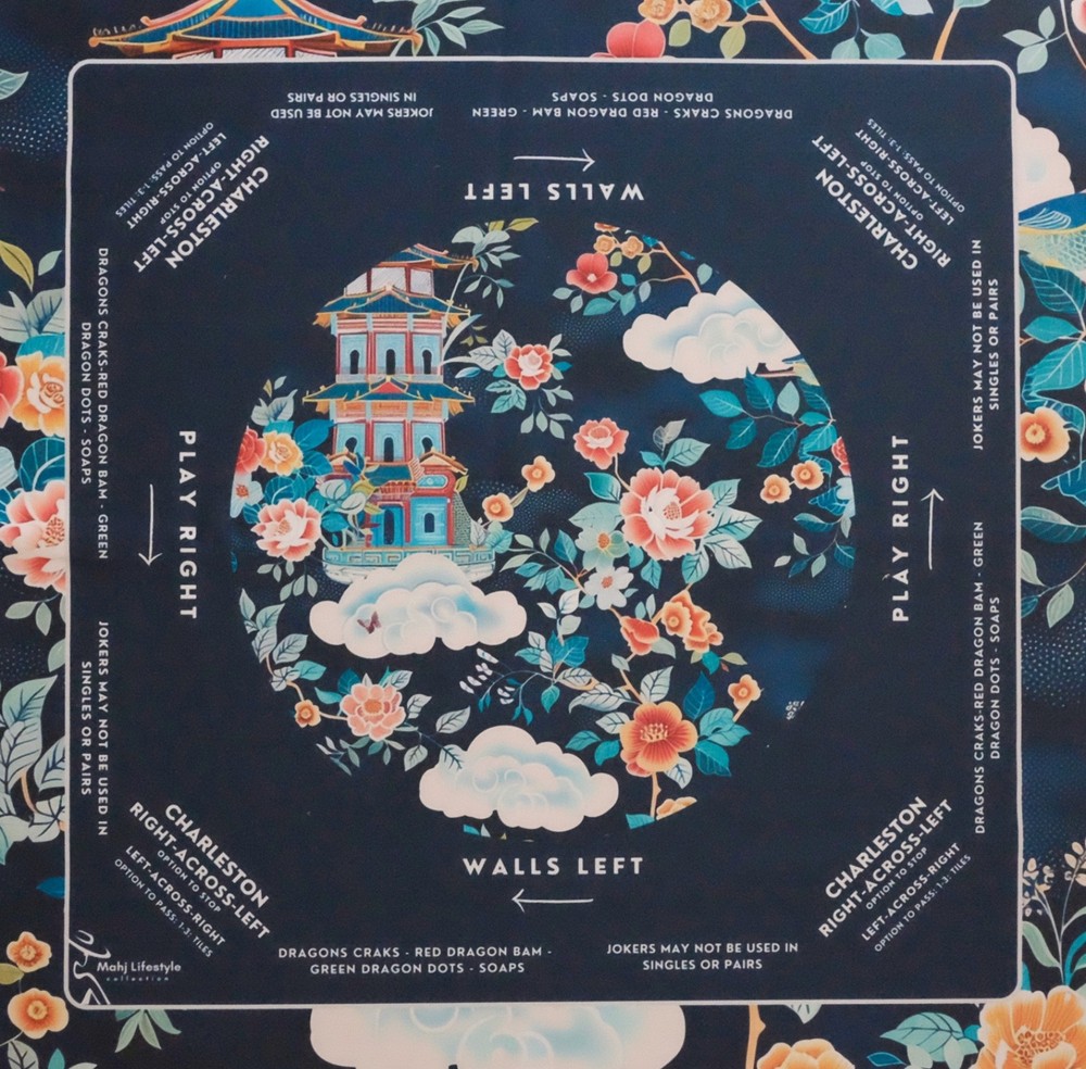 New! Beautiful Mahjong Mat with Vibrant Colors - Navy Blue Floral Pagoda
