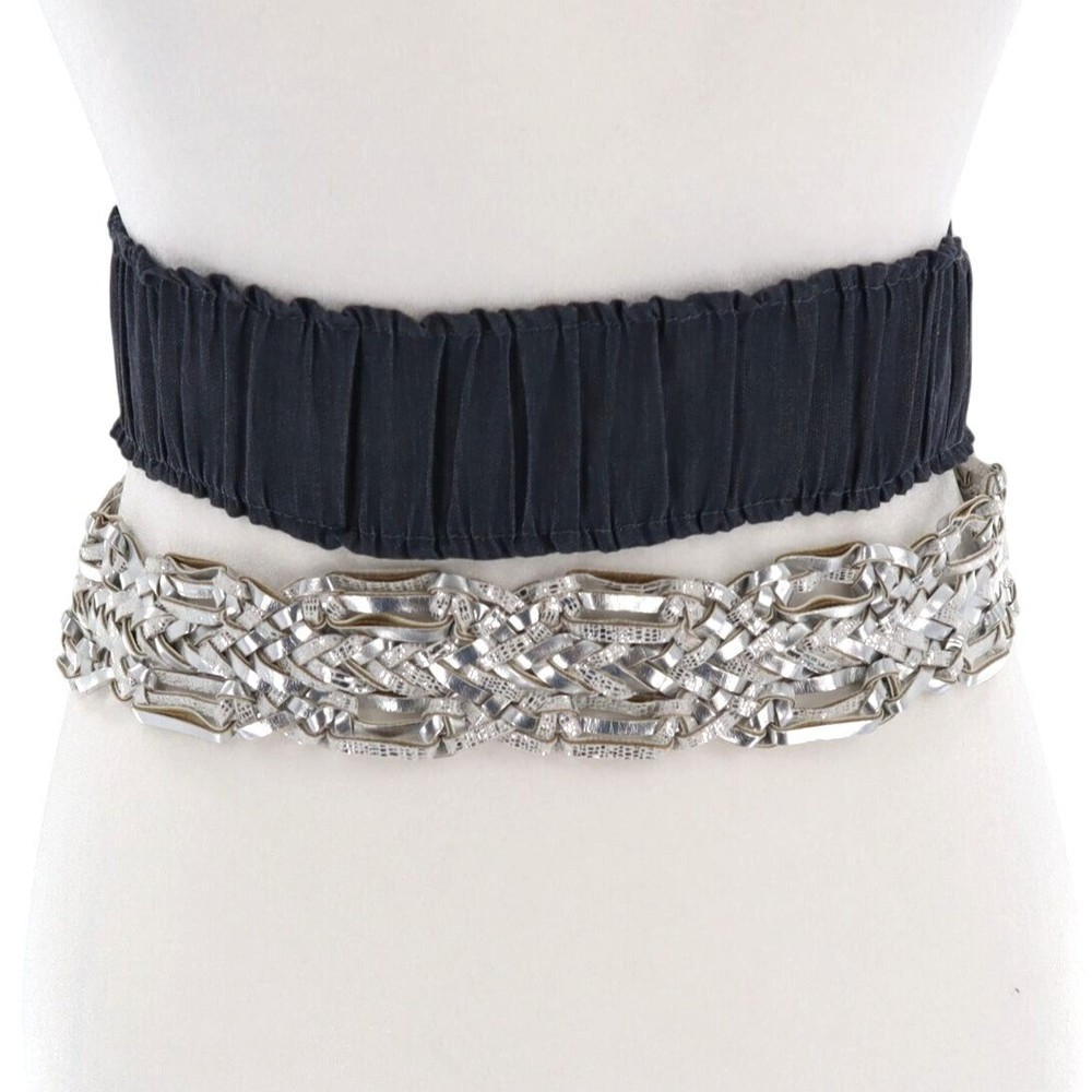 80s Stretch Belt Set - Blue Silver Metallic Ruffle Y2K Retro Fashion for Women  