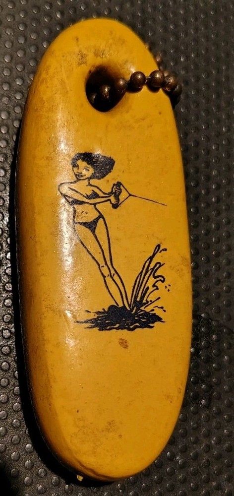 NOS Vintage Girl Bikini Skiing Keychain Floating Foam Fob Key Ring