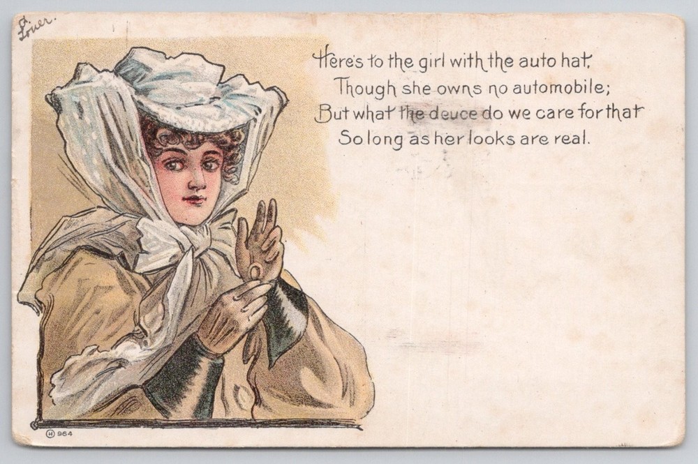 1909 Auto Hat Girl Postcard - Vintage Burlington VT Postmark