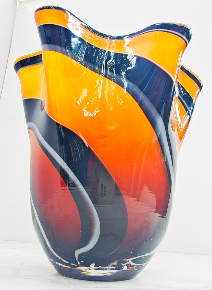 Murano Style Hand Blown Art Glass Vase Tiger Stripe Orange Black Swirl Wavy 7”