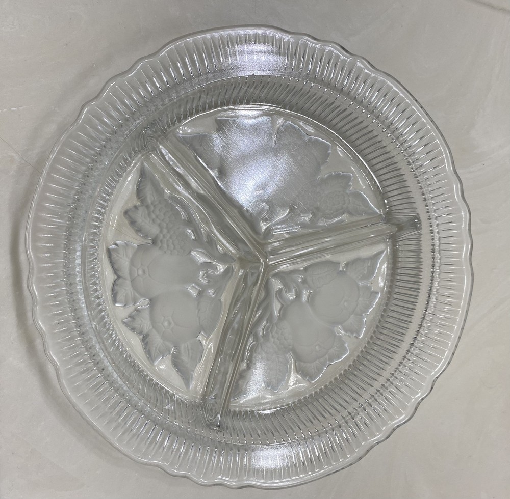 Vintage Imperial Clear Glass Intaglio Fruit Frosted 3-Part Divided Relish Dish