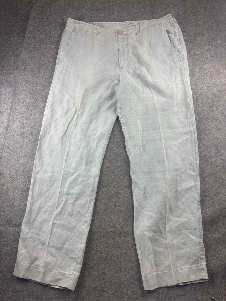 Tommy Bahama Relax Men 38x32 Gray/Blue 100% Linen Flat Front Chino Pants Coastal