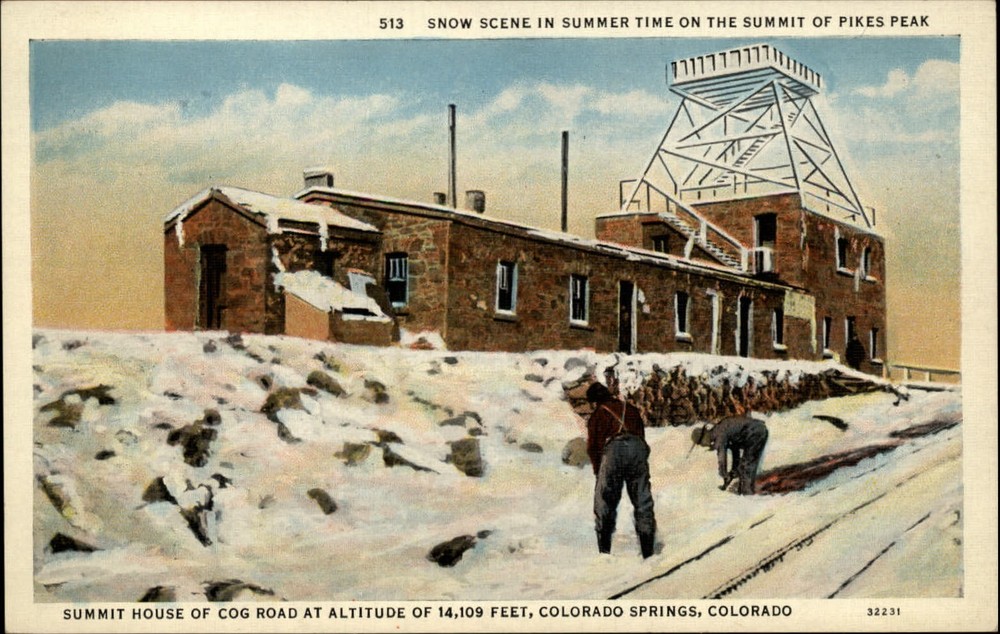 Colorado Springs CO Cog Road Summit House Pikes Peak snow 1930s linen postcard