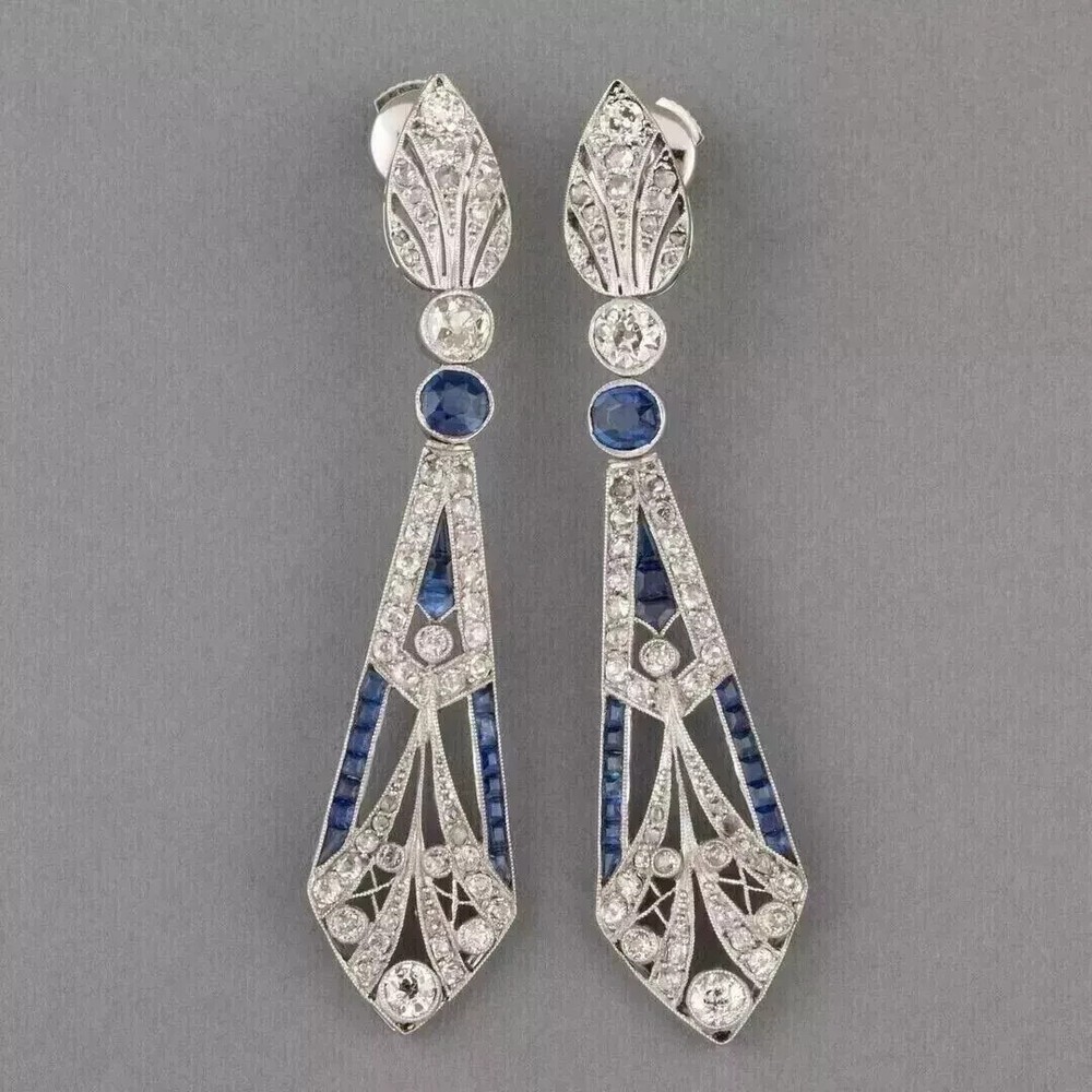 Vintage Art Deco Lab Created Diamond & Sapphire 14K White Gold FN Drop Earrings
