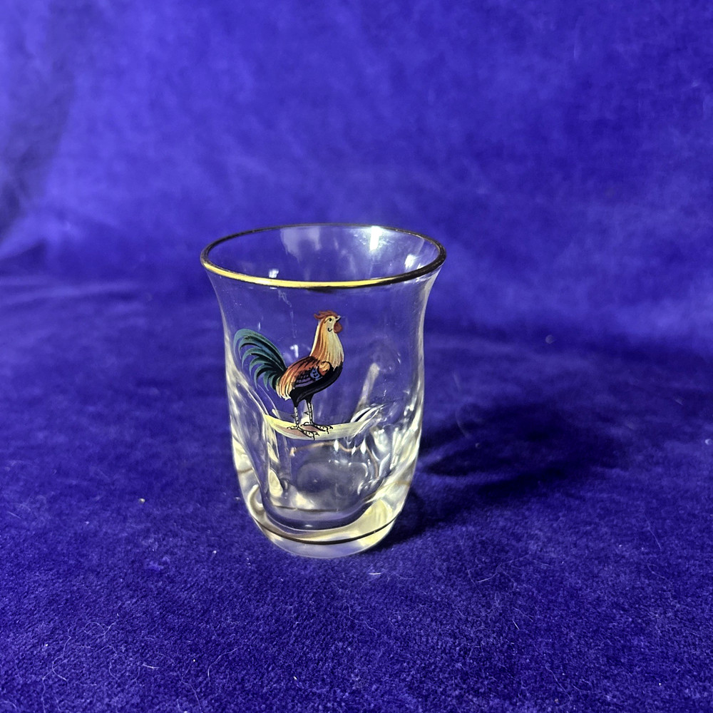 Vintage Rooster Shot Glass Gold Rim Hand Painted 3” Pressed Glass Barware