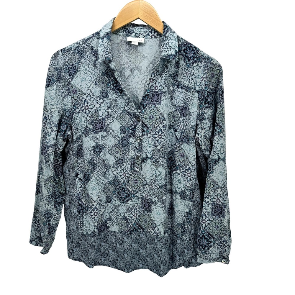 J Jill Blouse Womens Medium Blue Purple Floral Jacquard Popover Long Sleeve