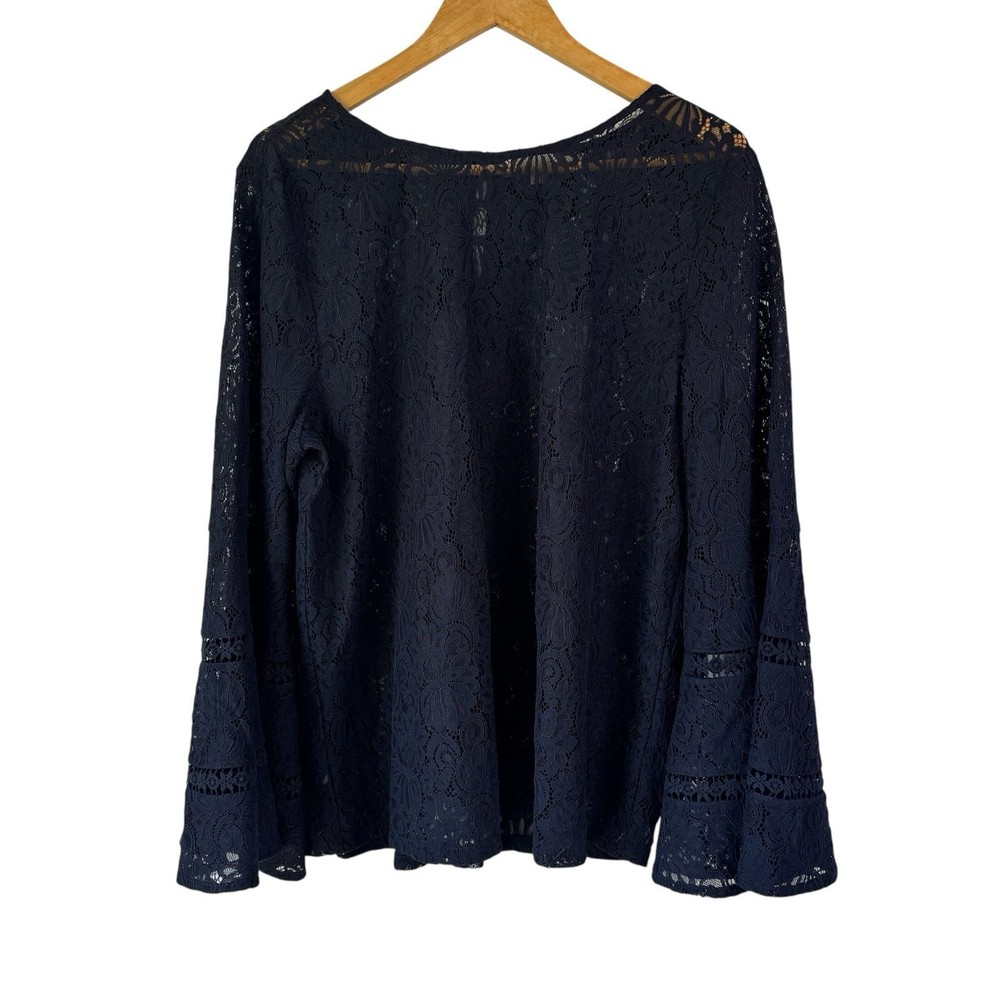 Ann Taylor LOFT Lace Tunic Top Womens XL Dark Blue Bell Sleeve Sheer