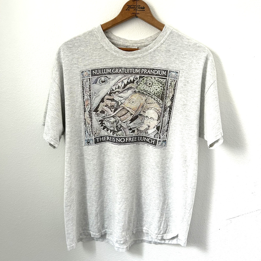VTG Ray Troll Fish Shirt Mens L Gray Heather Theres No Free Lunch Monterey Bay