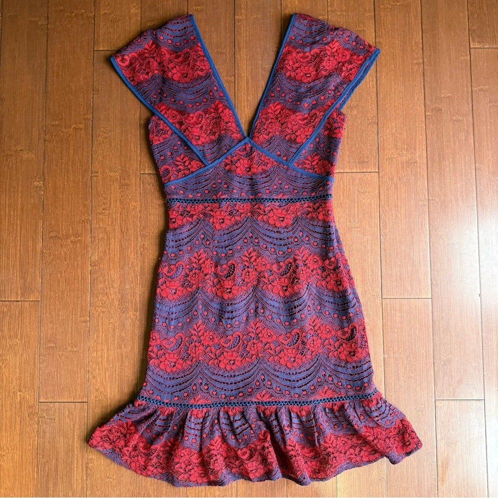 Foxiedox Elegant Red and Blue Lace Dress