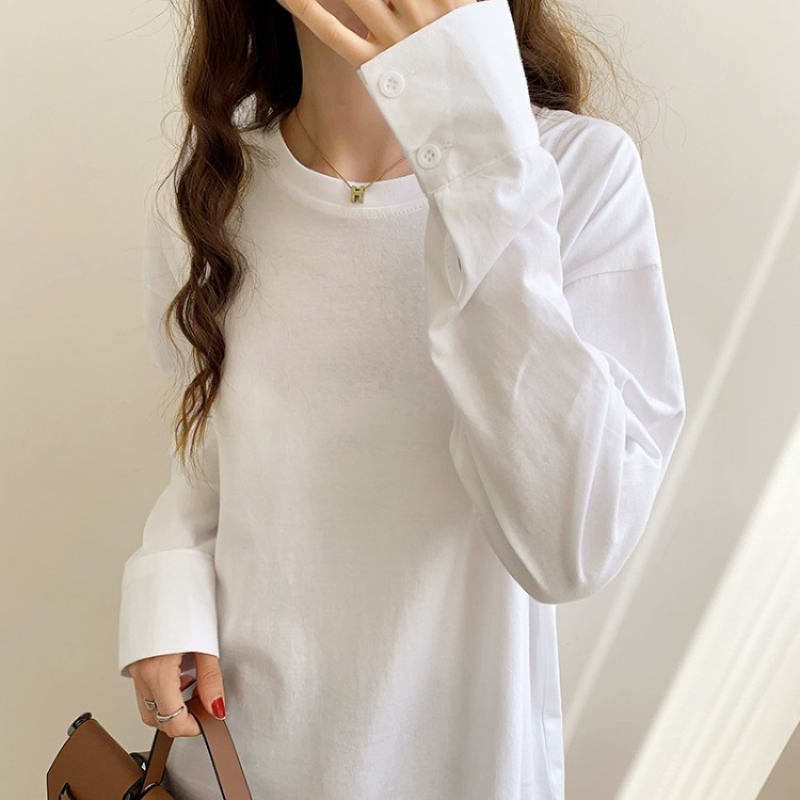 Women's Loose Thin White Versatile Fashion Long Sleeve Long T-shirt Top