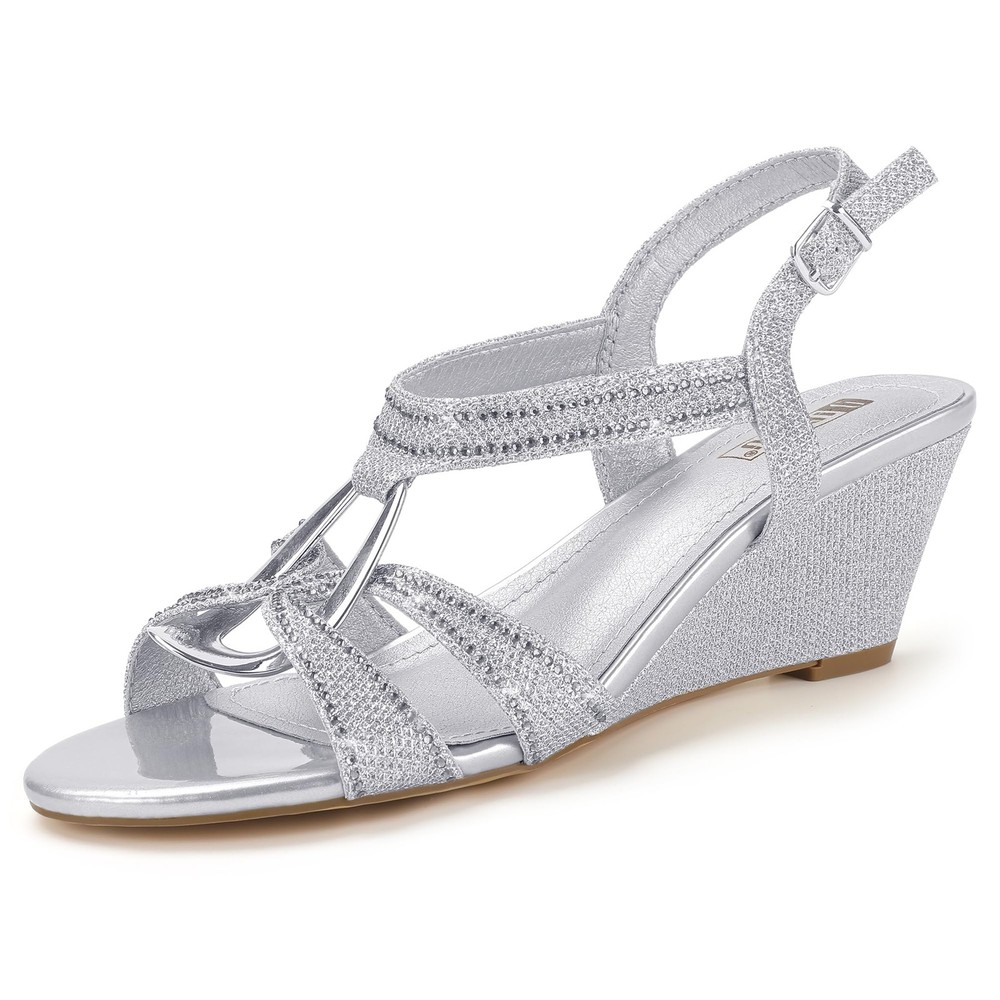 Sparkly Silver Rhinestone Strappy Wedge Sandals with Metal Ring