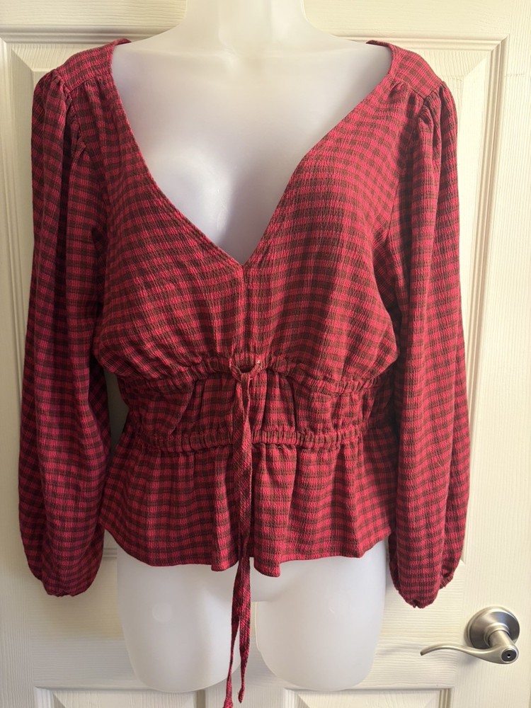 Madewell Womens Pink Plaid Balloon Sleeve Top Size Medium