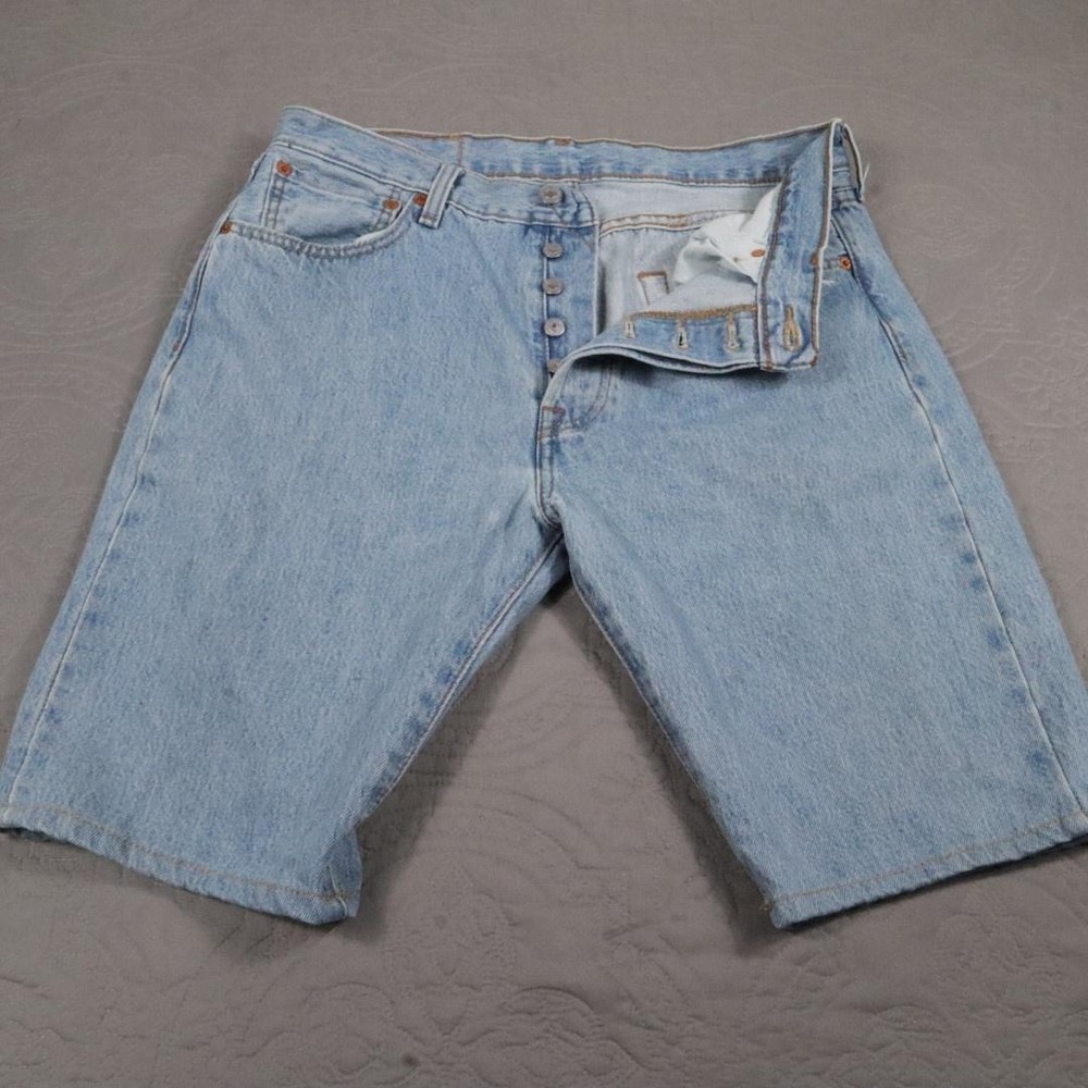 Levis 501 Denim Jean Shorts Mens 34 Blue Light Wash Button Fly Summer Classic