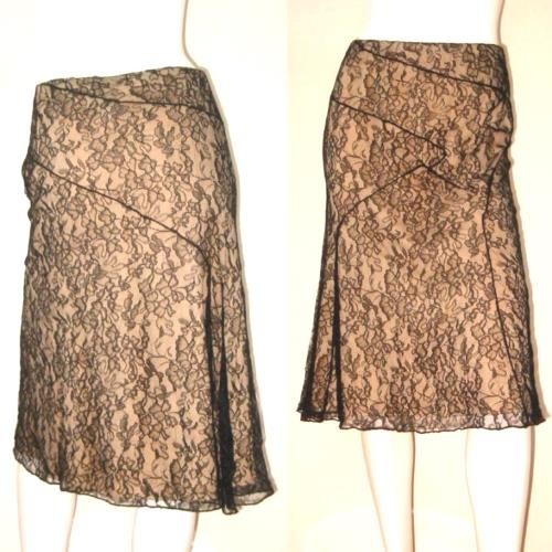 LAUNDRY by Shelli Segal black lace on nude seaming ruffles skirt XS 4