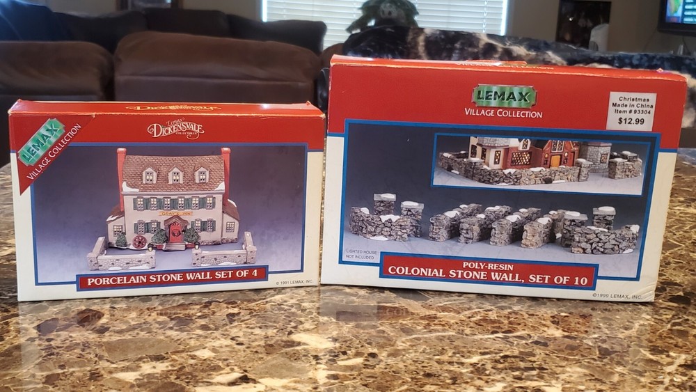 (2) Lemax Village Collection Colonial Stone Wall Set & Porcelain Stone Wall Set