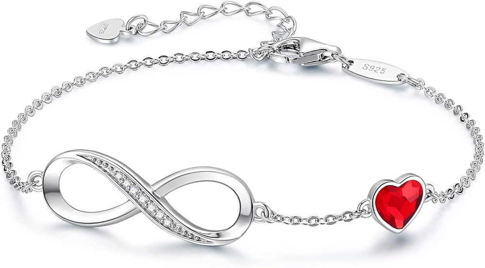Infinity Heart Birthstone Charm Link Bracelet for Women 925 Sterling Silver Adju