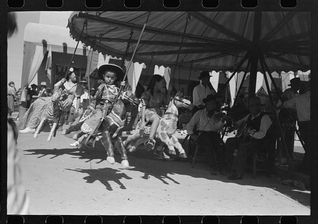 1930s Children Carousel Ride County Fair Tent Shade Black White Photo